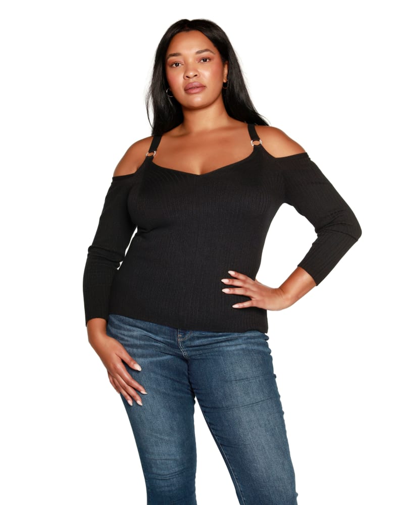 Front of a model wearing a size 1X Plus Size Cold-Shoulder Ribbed V-neck Top in Black by Belldini. | dia_product_style_image_id:319435